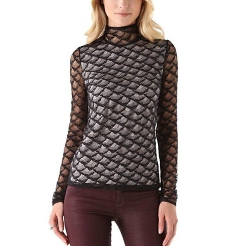 Diane von Furstenberg Sz 4 Black Fan Lace s Sheer Mock Neck Blouse Top Womens